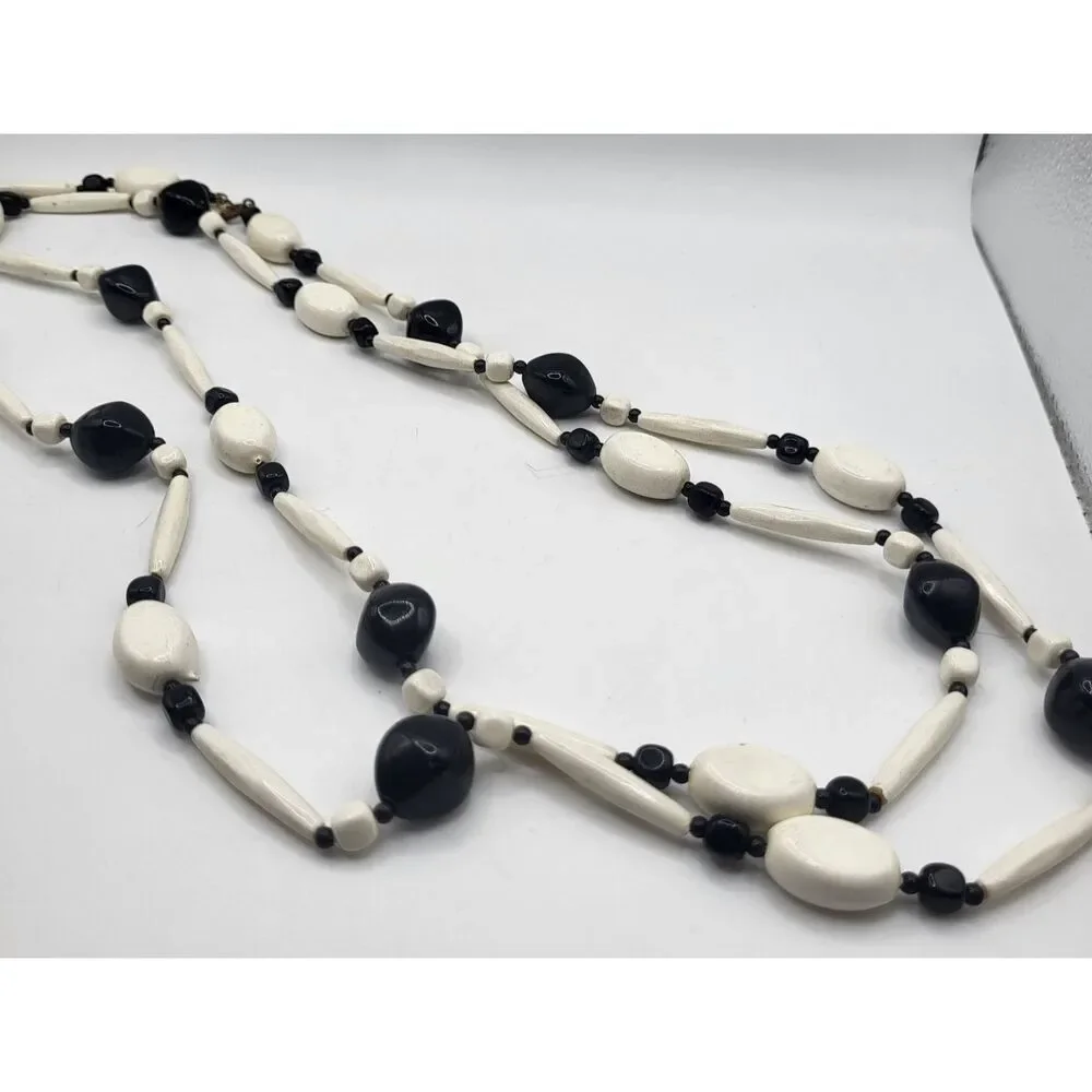 Vintage 70s Extra Long Strand Black White Beaded Necklace 53in